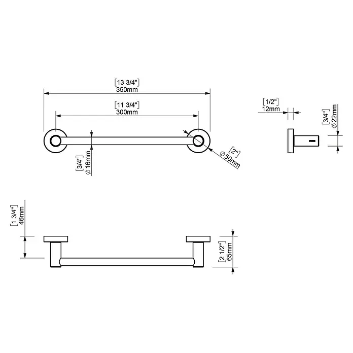 Creabath Cosmos Toallero de barra - Largo: 35 cm, Cromo - Dibujo técnico de un toallero con medidas en milímetros y pulgadas, que detalla las dimensiones del producto.