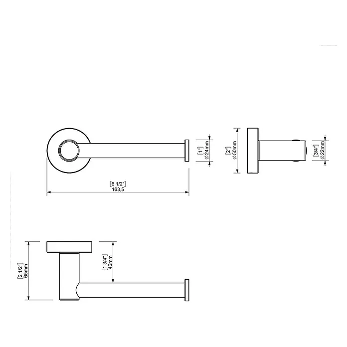 Creabath Cosmos Portarrollos papel higiénico - Sin tapa, Negro - Dibujo técnico de un toallero redondo con dimensiones en pulgadas y milímetros para especificaciones detalladas del producto.