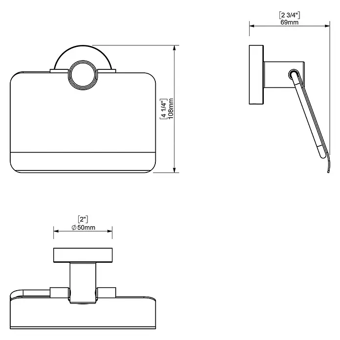Creabath Cosmos Portarrollos papel higiénico - Con tapa, Negro - Dibujo técnico de un moderno toallero con dimensiones en pulgadas y milímetros.