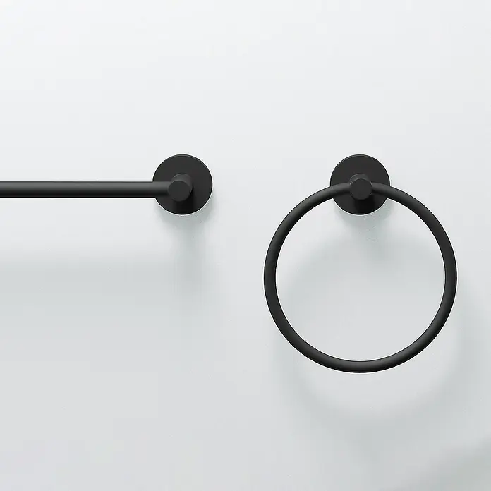 Creabath Cosmos Toallero de anilla - Negro, Satinado - Barra y aro de toalla negros contra una pared blanca. Accesorio de baño elegante para interiores modernos.