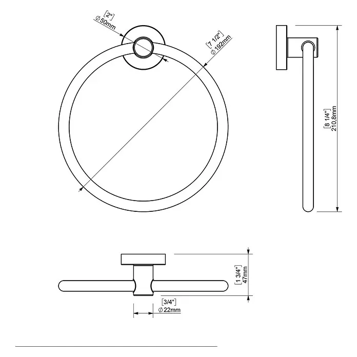 Creabath Cosmos Toallero de anilla - Negro, Satinado - Dibujo técnico de un toallero de aro, mostrando medidas en milímetros y pulgadas, para una visión detallada del producto.