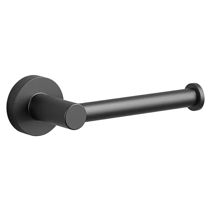 Creabath Cosmos Portarrollos papel higiénico - Sin tapa, Negro - Primer plano de un moderno portarrollos de papel higiénico negro mate con un diseño minimalista. Elegante accesorio de baño para baños elegantes.