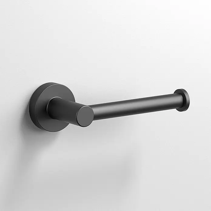 Creabath Cosmos Portarrollos papel higiénico - Sin tapa, Negro - Portarrollos de papel higiénico negro mate montado en una pared blanca. Diseño elegante y minimalista para su baño.