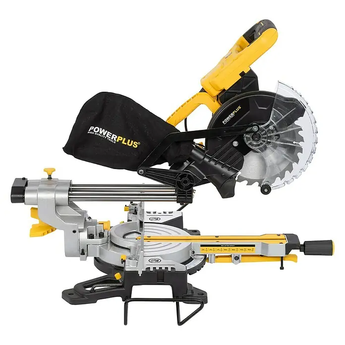 PowerPlus Sierra ingletadora POWX075720DB - 1.600 W, Diámetro hoja de sierra: 210 mm, Número de revoluciones de marcha en vacío: 5.000 r.p.m. - Una sierra ingletadora Powerplus en amarillo y negro, ideal para cortes de madera precisos en talleres y obras.