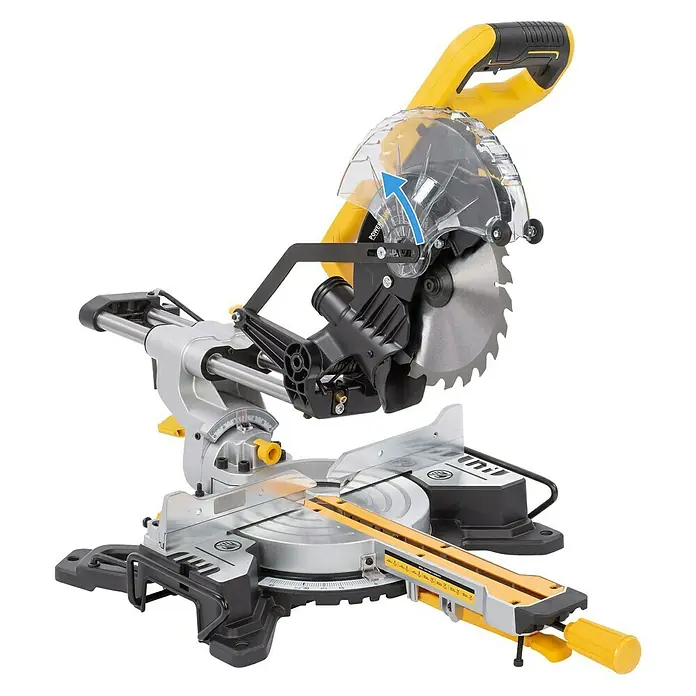 PowerPlus Sierra ingletadora POWX075720DB - 1.600 W, Diámetro hoja de sierra: 210 mm, Número de revoluciones de marcha en vacío: 5.000 r.p.m. - Representación de una sierra ingletadora DeWalt, conocida por su precisión y potencia en aplicaciones de carpintería.