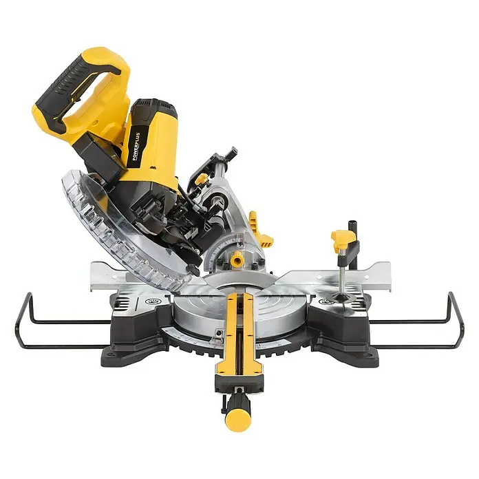 PowerPlus Sierra ingletadora POWX075720DB - 1.600 W, Diámetro hoja de sierra: 210 mm, Número de revoluciones de marcha en vacío: 5.000 r.p.m. - Imagen de una sierra tronzadora amarilla y negra, también conocida como sierra ingletadora, con protección transparente.