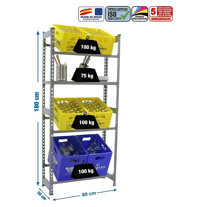 Simonrack Simonbottle Getränkekistenregal Shelf - H x B x T: 180 x 80 x 30 cm, Anzahl Böden: 4 Stk., Traglast Einlegeboden: 100 kg, Stecken, Grau - Produktabbildung eines grauen Metallregals mit fünf Ablagen, beladen mit Getränkekisten und Utensilien, inklusive Maßangaben.