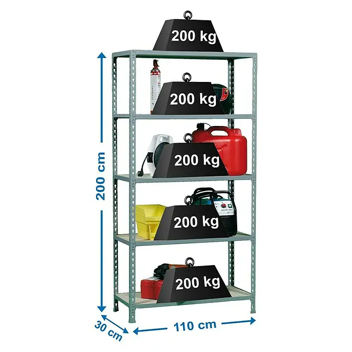 Simonrack Maderclick Metallregal Maderclick SuperPlus - H x B x T: 200 x 110 x 30 cm, Traglast pro Boden: 200 kg, Anzahl Böden: 5 Stk., Stecken, Grau - Ein Regal mit fünf Ebenen, beladen mit verschiedenen Gegenständen und jeweils mit einem Gewicht von 200 kg gekennzeichnet.