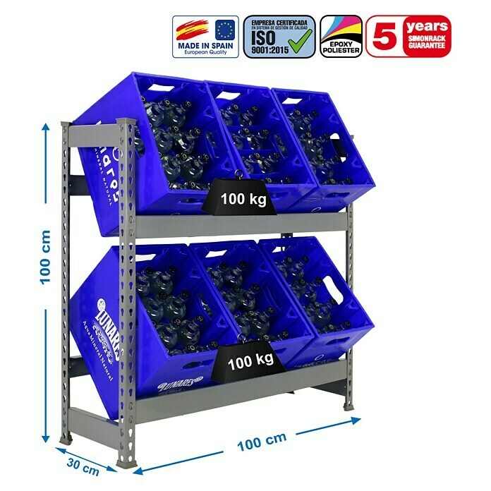 Simonrack Simonbottle Metall-Getränkekistenregal BottleclickL x B x H: 30 x 100 x 100 cm, Traglast: 100 kg/Boden, Anzahl Böden: 2 Stk., Grau Sketch