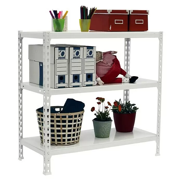 Simonrack Simonclick Metallregal Simonclick Mini - H x B x T: 90 x 80 x 50 cm, Traglast pro Boden: 180 kg, Anzahl Böden: 3 Stk., Stecken, Weiß/Weiß - Anwendungsbeispiel