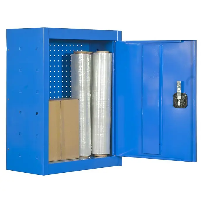 Simonrack Simonwork Armario para herramientas Cabinet Tools - Ancho: 50 cm, Azul, Completamente montado - Un armario de almacenamiento azul con una puerta abierta, lleno de materiales de embalaje, proporciona soluciones prácticas de almacenamiento.