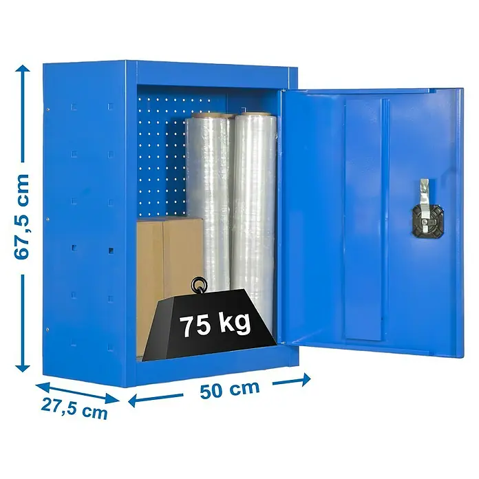 Simonrack Simonwork Armario para herramientas Cabinet Tools - Ancho: 50 cm, Azul, Completamente montado - Imagen de un armario de herramientas azul con puerta abierta y especificaciones de dimensiones.