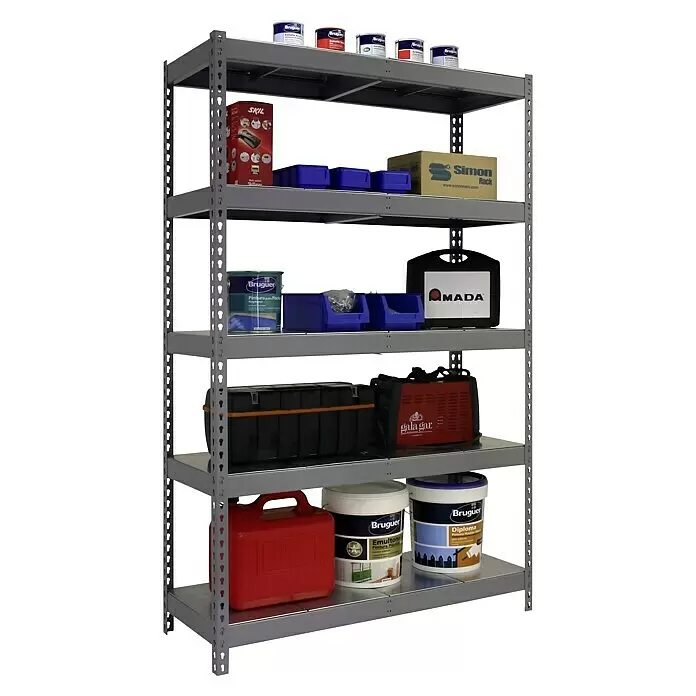 Simonrack Bricoforte Schwerlastregal Bricoforte Metall - H x B x T: 200 x 100 x 45 cm, Traglast pro Boden: 300 kg, Anzahl Böden: 5 Stk., Stecken, Grau/Silber - Graues Metallregal mit Farbdosen, Werkzeugen und Aufbewahrungsboxen. Ideal für Garage oder Werkstatt.