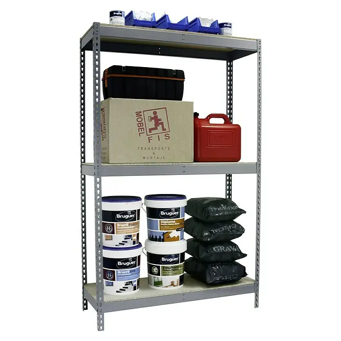 Simonrack Simonforte Schwerlastregal Simonforte Chipboard - H x B x T: 150 x 150 x 45 cm, Traglast pro Boden: 600 kg, Anzahl Böden: 3 Stk., Stecken, Grau - Ein Regal mit verschiedenen Artikeln, darunter Farbeimer der Marke Bruguer, eine Werkzeugkiste, ein Benzinkanister und blaue Lagerkästen.
