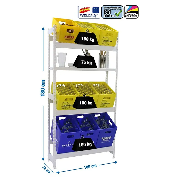 Simonrack Simonbottle Getränkekistenregal Shelf - H x B x T: 180 x 100 x 30 cm, Anzahl Böden: 4 Stk., Traglast Einlegeboden: 100 kg, Stecken, Weiß - Produktansicht eines weißen Regals mit gelben und blauen Getränkekästen, befüllt und mit Gewichtsangaben versehen, Maße sind angegeben.
