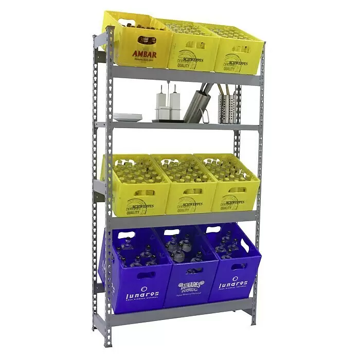 Simonrack Simonbottle Getränkekistenregal Shelf - H x B x T: 180 x 100 x 30 cm, Anzahl Böden: 4 Stk., Traglast Einlegeboden: 100 kg, Stecken, Grau - Anwendungsbeispiel