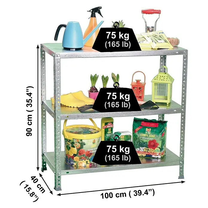 Simonrack Simonclassic Metallregal Advantage Plus - H x B x T: 90 x 100 x 40 cm, Traglast pro Boden: 75 kg, Anzahl Böden: 3 Stk., Schrauben, Silber - Abbildung eines dreistufigen Metallregals mit Gartengeräten und Gewichtsangaben auf jeder Ebene.
