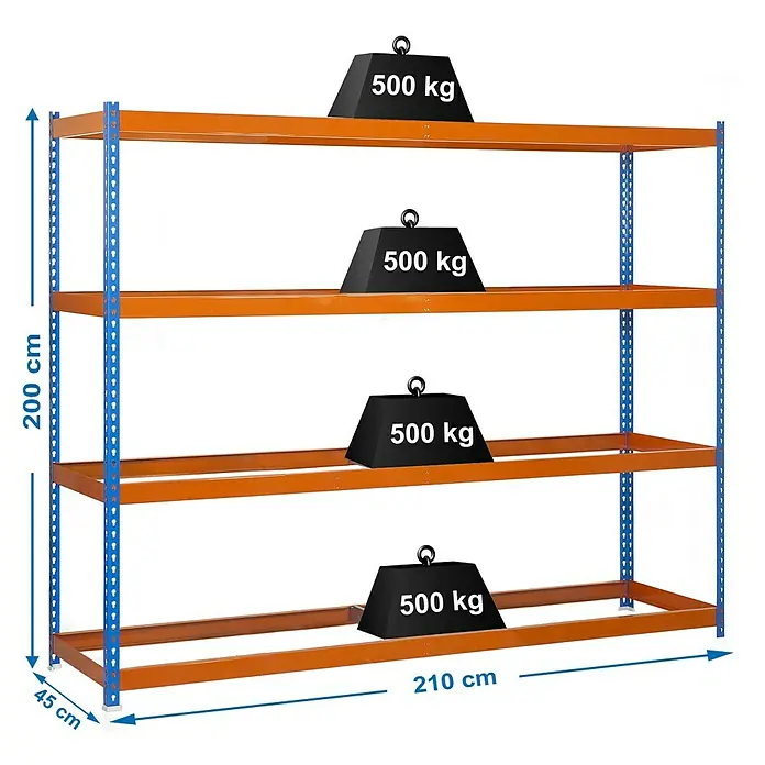 Simonrack Simonforte Estantería para cargas pesadas - Al x An x Pr: 200 x 210 x 45 cm, Número de baldas: 4 ud., Inserción, Azul/Naranja, Capacidad de carga por balda: 500 kg - Representación de una estantería de almacenamiento resistente con cuatro estantes, cada uno cargado con 500 kg de peso, con dimensiones.