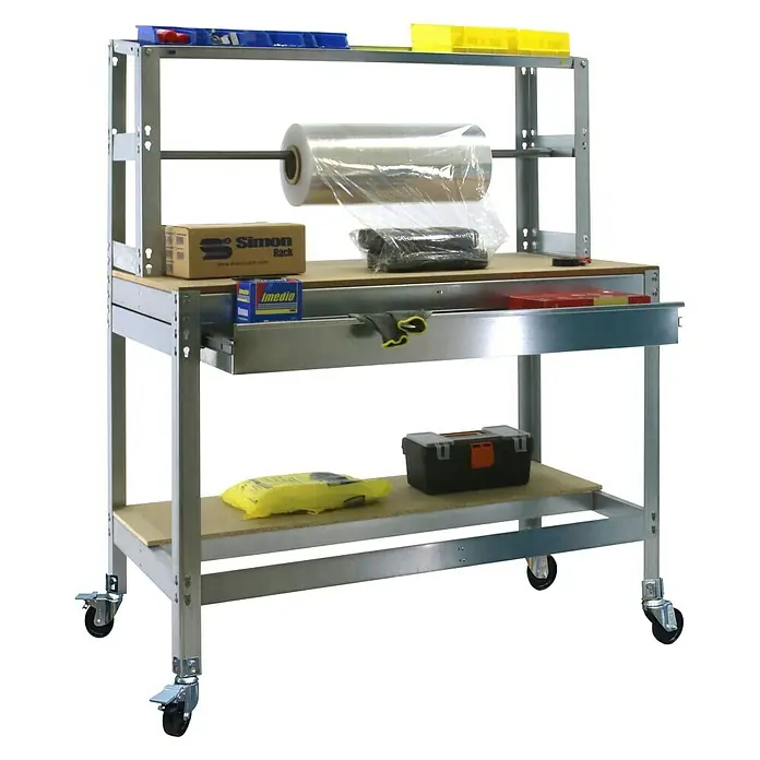 Simonrack Simonwork Werkbank MOBILE BT4 BOX - L x B: 76 x 121 cm, Arbeitshöhe: 152 cm, Belastbarkeit: 120 kg, Silber - Das Bild zeigt einen Werkzeugtisch mit mehreren Ablageflächen, einer Schublade und Rollen, ideal für Werkstätten und Lager.