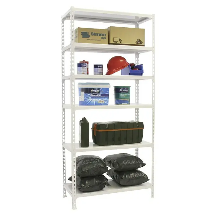 Simonrack Simonclick Metallregal Simonclick Super Plus - H x B x T: 250 x 110 x 50 cm, Traglast pro Boden: 200 kg, Anzahl Böden: 6 Stk., Stecken, Weiß/Weiß - Regal mit verschiedenen Gegenständen wie Farbe, Kisten und Taschen.