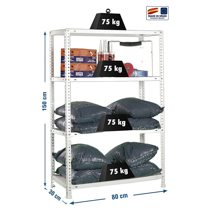 Simonrack Simonclassic Estantería metálica Advantage Mini (Al x An x Pr: 150 x 80 x 30 cm, Capacidad de carga por balda: 75 kg, Número de baldas: 4 ud., Atornillado, Blanco) | BAUHAUS