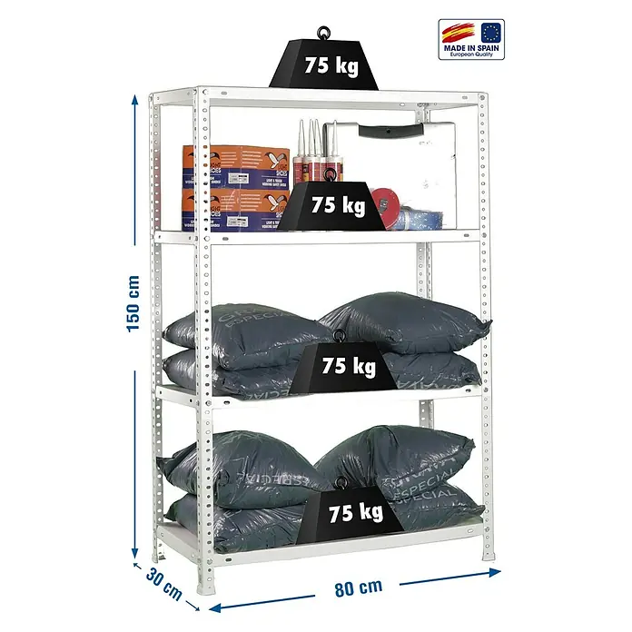 Simonrack Simonclassic Estantería metálica Advantage Mini - Al x An x Pr: 150 x 80 x 30 cm, Capacidad de carga por balda: 75 kg, Número de baldas: 4 ud., Atornillado, Blanco - Imagen de una estantería metálica blanca robusta de cuatro niveles, cada uno con una capacidad de hasta 75 kg. Ideal para almacenes y talleres.