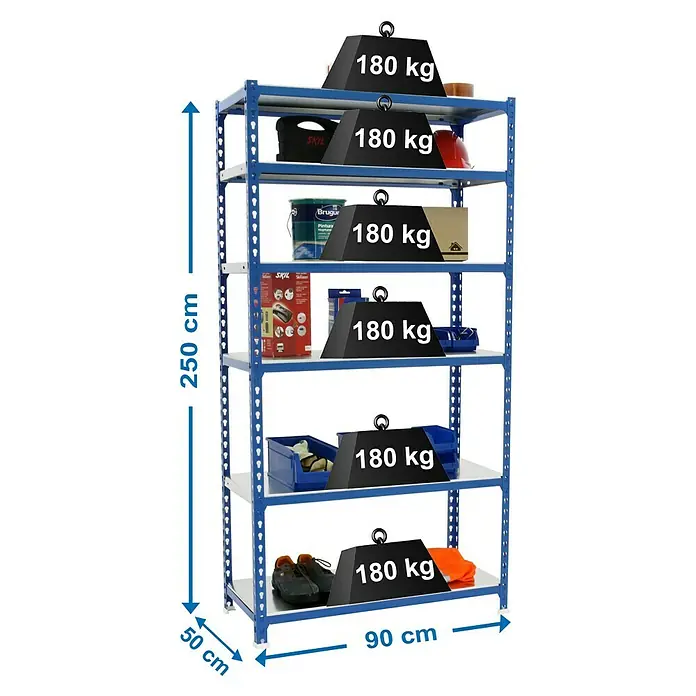 Simonrack Simonclick Metallregal Simonclick Plus - H x B x T: 250 x 90 x 50 cm, Traglast pro Boden: 180 kg, Anzahl Böden: 6 Stk., Stecken, Blau/Silber - Regal mit sechs Fächern, beladen mit Werkzeugen und Boxen, wobei jedes Fach mit zusätzlichen 180 kg belastet ist.