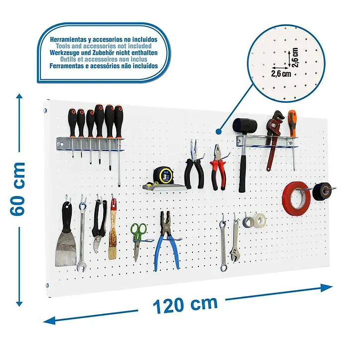 Simonrack Panelclick Panel perforado con 14 ganchos - L x An: 120 x 60 cm, Blanco - Tablero perforado con dimensiones de 120 cm de largo y 60 cm de alto, espaciado entre agujeros de 2,6 cm. Herramientas no incluidas.