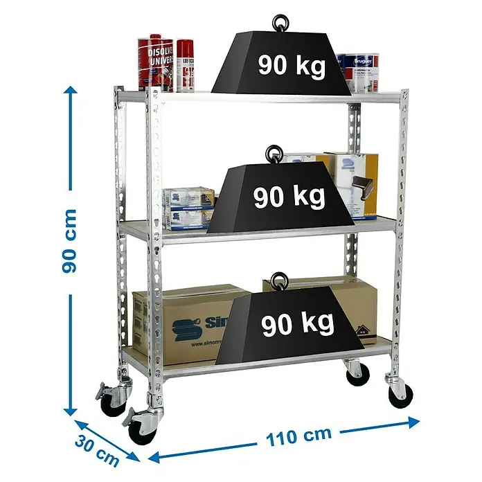 Simonrack Maderclick Estantería metálica Mobile Superplus - Al x An x Pr: 97,5 x 110 x 30 cm, Número de baldas: 3 ud., Inserción, Galvanizado - Un carrito plateado con tres estantes, cargado con recipientes, cajas y pesos para demostrar la capacidad de carga.