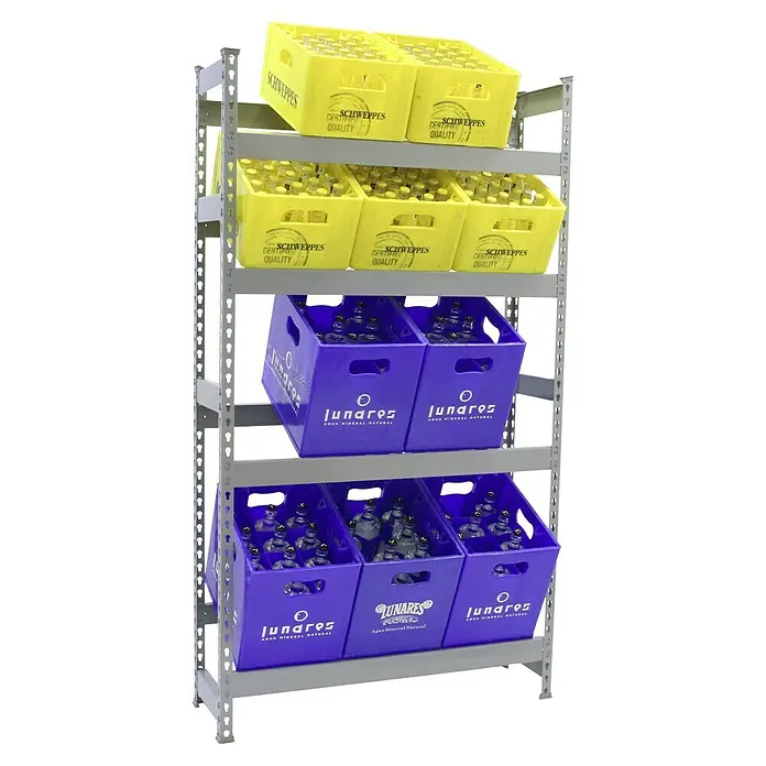 Simonrack Simonbottle Getränkekistenregal Bottleclick - H x B x T: 200 x 100 x 30 cm, Traglast Einlegeboden: 100 kg, Anzahl Böden: 4 Stk., Stecken, Grau - Ein Regal mit gelben Schweppes-Kisten und blauen Lunares-Mineralwasserkisten.