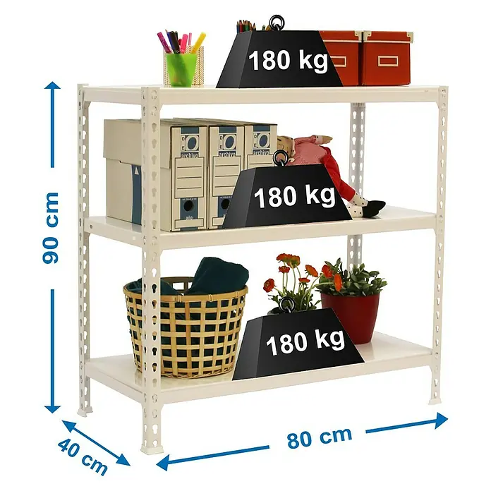 Simonrack Simonclick Metallregal Simonclick Mini - H x B x T: 90 x 80 x 40 cm, Traglast pro Boden: 180 kg, Anzahl Böden: 3 Stk., Stecken, Weiß/Weiß - Weißes Regal mit drei Ebenen, beladen mit verschiedenen Gegenständen und Gewichten, die die Traglast von 180 kg pro Ebene demonstrieren.