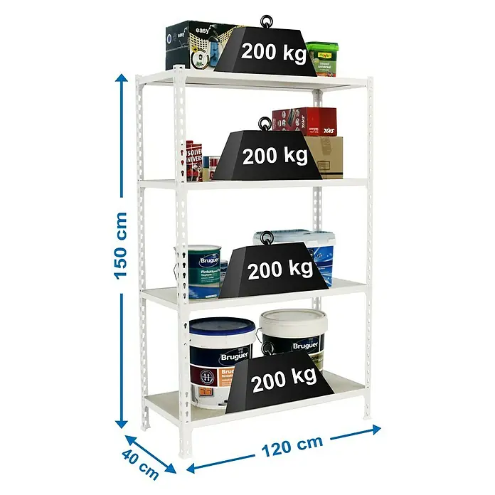 Simonrack Maderclick Metallregal Maderclick MegaPlus - H x B x T: 150 x 120 x 40 cm, Traglast pro Boden: 200 kg, Anzahl Böden: 4 Stk., Stecken, Weiß - Ein weißes Metallregal mit vier Ebenen, beladen mit Farbdosen und Kartons, wobei das Gewicht auf jeder Ebene mit 200 kg angegeben ist.