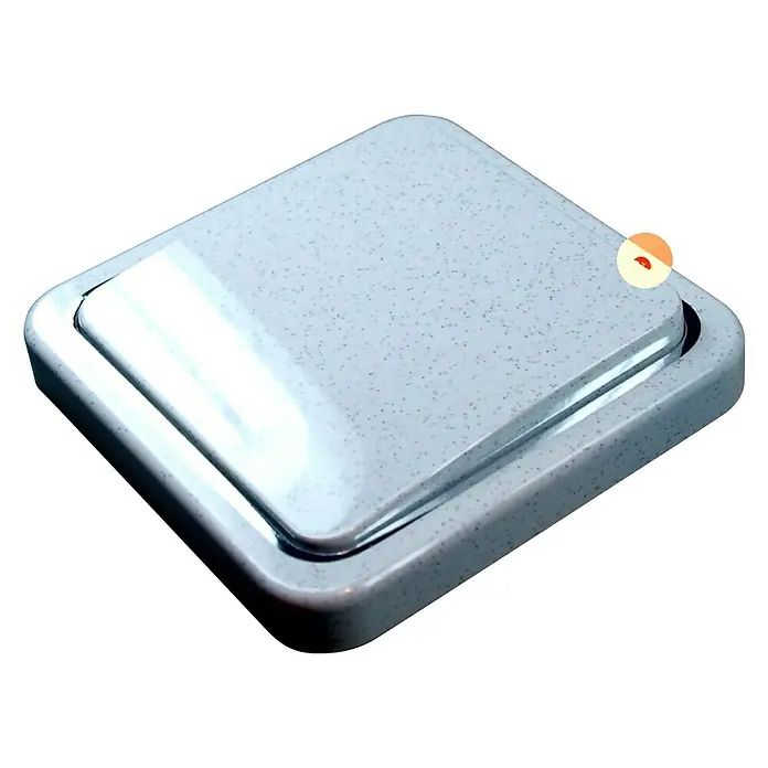 Taster 16012 mit Beleuchtung - Grau/Chrom, 42 V - Ein grauer, rechteckiger Kosmetikeimer mit einem glänzenden, leicht erhöhten Deckel. Das minimalistische Design passt gut in jedes Badezimmer.
