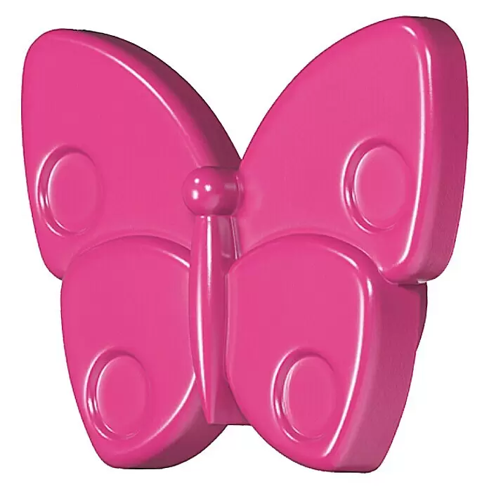 Häfele Pomo infantil para mueble - Botón, Ø x Al: 70 x 53 mm, Lila, Mariposa - Mariposa de plástico rosa brillante con detalles circulares en las alas.