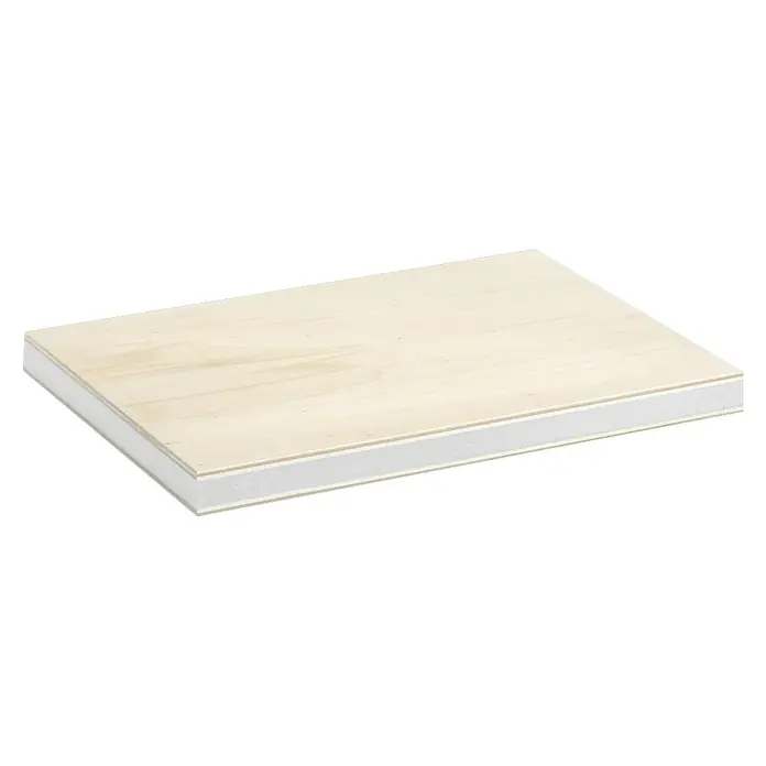 Garnica Ultralight Leichtbauplatte Fixmaß - Pappel, 800 x 600 x 12 mm - Nahaufnahme einer Holzverbundplatte mit hellen Holzoberflächen und einem weißen Kern. Ideal für Bau und Möbelbau.