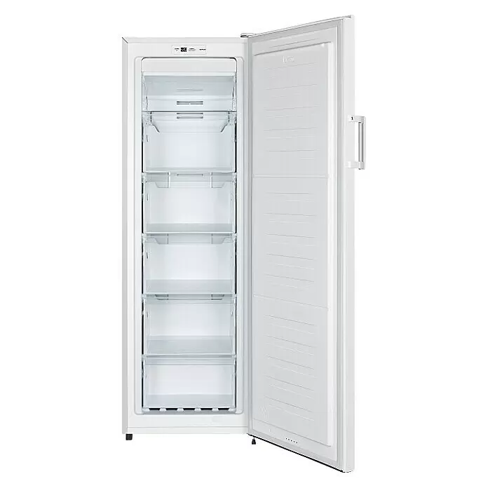 PKM Tiefkühlschrank GS 212.4 NF N W - 61,4 x 55,9 x 169,1 cm - Weißer aufrechter Gefrierschrank mit offener Tür, der mehrere transparente Schubladen im Inneren zeigt.