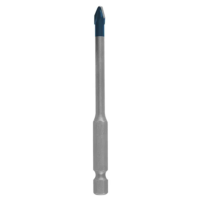 Bosch Professional Expert Fliesenbohrer HEX-9 HardCeramic - 1 Stk., Durchmesser Bohrer: 5 mm - Nahaufnahme eines Glasbohrers mit blauer Spitze, ideal für präzise Bohrungen in Glas und Keramik. Hochwertiges Werkzeug für Handwerker.