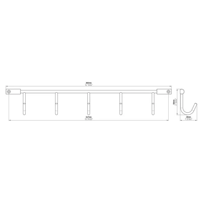 Siro Garderobenleiste - L x B x H: 360 x 56 x 36 mm, Anzahl Haken: 5 Stk. - Technische Zeichnung einer Wandgarderobe mit fünf Haken und Maßangaben in Millimetern und Zoll.