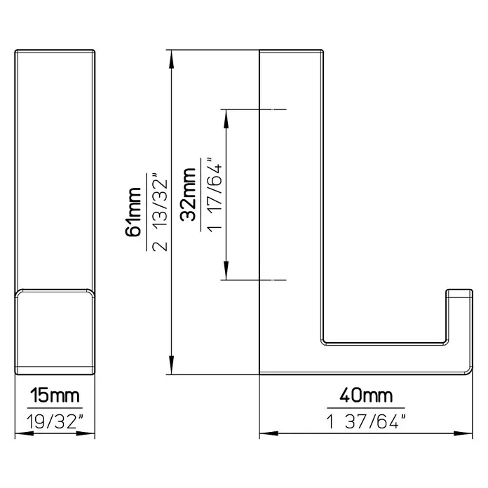 Siro Garderobenhaken - L x B x H: 15 x 61 x 40 mm, Anzahl Haken: 1 Stk. - Abbildung eines Haken-Designs mit Maßangaben: 61mm Höhe, 32mm Tiefe und 15mm Breite, gefertigt aus robustem Material für vielseitige Anwendung.