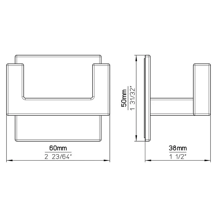 Siro Garderobenhaken 2331/ZN4KV1S - L x B x H: 60 x 50 x 38 mm, Anzahl Haken: 1 Stk., Vernickelt matt - Technische Zeichnung eines modernen Handtuchhalters mit Maßangaben. Robust und stilvoll für jedes Badezimmer.