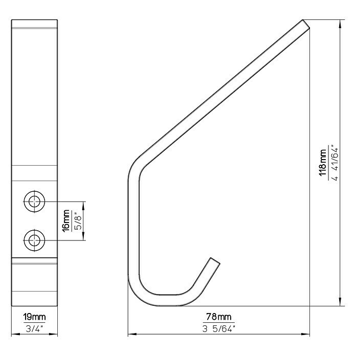 Siro GarderobenhakenL x B x H: 19 x 120 x 75 mm, Anzahl Haken: 1 Stk. Sketch