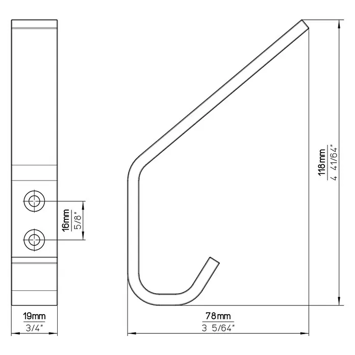 Siro Garderobenhaken - L x B x H: 19 x 120 x 75 mm, Anzahl Haken: 1 Stk., Aluminium - Technische Zeichnung eines Wandhakens mit Maßen in Millimetern und Zoll.