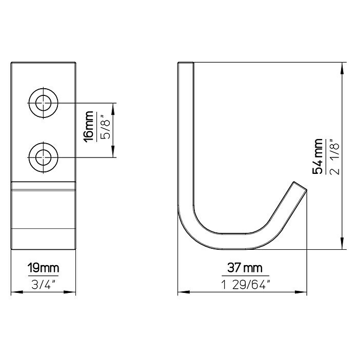 Siro GarderobenhakenL x B x H: 19 x 54 x 37 mm, Anzahl Haken: 1 Stk. Sketch