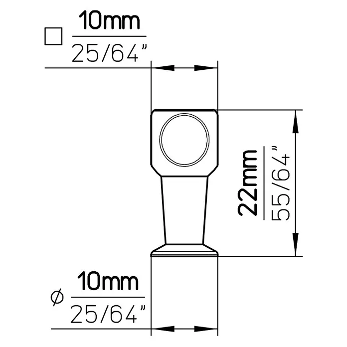 Siro Möbelknopf - Typ Möbelgriff: Knopf, L x B x H: 10 x 10 x 22 mm, Stahl, Schwarz - Skizze eines Verbindungsstücks mit Bemaßungen, die seine Größe und Form detailliert beschreiben. Das Element ist 22mm hoch.