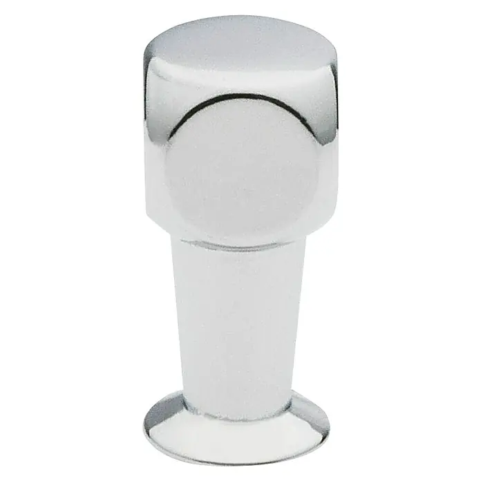 Siro Möbelknopf - Typ Möbelgriff: Knopf, L x B x H: 10 x 10 x 22 mm, Stahl, Chrom - Nahaufnahme eines glänzenden, verchromten Badstöpsels auf schwarzem Hintergrund, der ein elegantes und modernes Design zeigt.