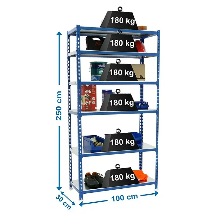 Simonrack Simonclick Metallregal Simonclick Plus - H x B x T: 250 x 100 x 30 cm, Traglast pro Boden: 180 kg, Anzahl Böden: 6 Stk., Stecken, Blau/Silber - Ein blaues Schwerlastregal mit sechs Ebenen, auf denen jeweils 180 kg Gewicht liegen.