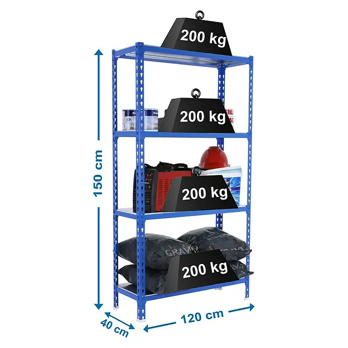 Simonrack Simonclick Metallregal Mega Plus - H x B x T: 150 x 120 x 40 cm, Traglast pro Boden: 200 kg, Anzahl Böden: 4 Stk., Stecken, Blau/Silber - Das Bild zeigt ein blaues Schwerlastregal mit fünf Ebenen, das mit Gewichten und verschiedenen Gegenständen wie Werkzeug und Farbe belastet ist.