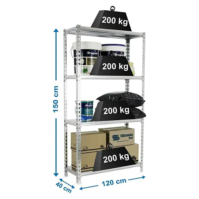 Simonrack Simonclick Metallregal Mega Plus - H x B x T: 150 x 120 x 40 cm, Traglast pro Boden: 200 kg, Anzahl Böden: 4 Stk., Stecken, Silber/Silber - Ein silbernes Metallregal mit vier Ebenen, das mit Farbeimern, Kartons und Gewichten von 200 kg beladen ist, Maße sind sichtbar.