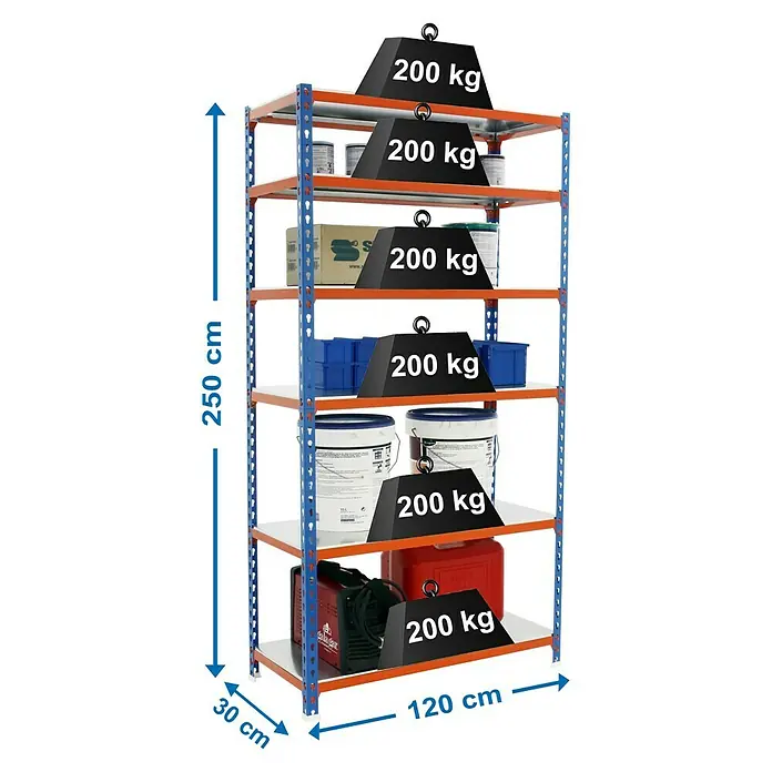 Simonrack Simonclick Metallregal Mega Plus - H x B x T: 250 x 120 x 30 cm, Traglast pro Boden: 200 kg, Anzahl Böden: 6 Stk., Stecken, Blau/Orange/Silber - Regal mit sechs Ebenen, beladen mit Gewichten und verschiedenen Gegenständen, Maße sind dargestellt.
