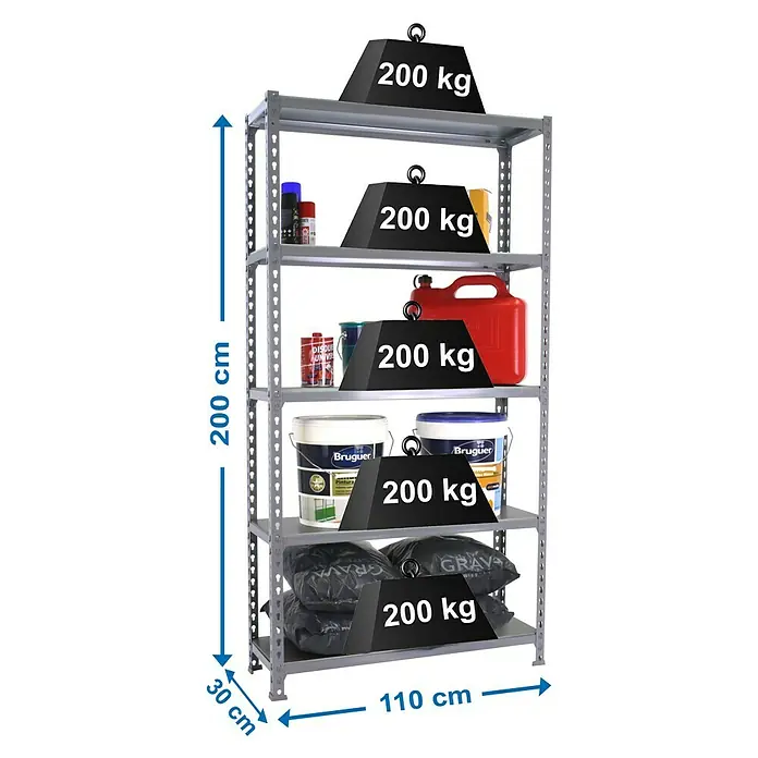 Simonrack Simonclick Metallregal Simonclick Super Plus - H x B x T: 200 x 110 x 30 cm, Traglast pro Boden: 200 kg, Anzahl Böden: 5 Stk., Stecken, Grau/Grau - Abbildung eines grauen Metallregals mit fünf Ablagen, gefüllt mit verschiedenen Gegenständen und beschwert mit 200 kg Gewichten auf jeder Ebene.